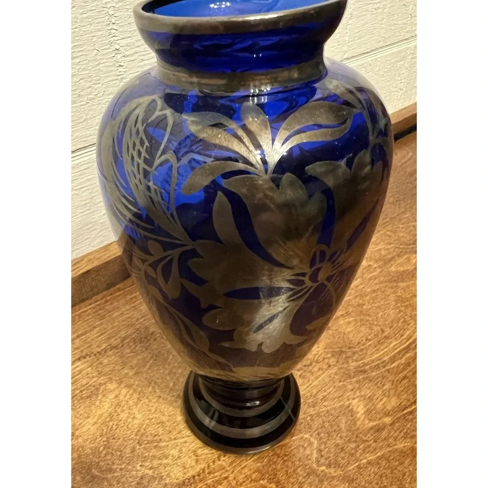 Vntg Silver Deposit Overlay Bud Vase Cobalt Blue Italian Floral 8.75